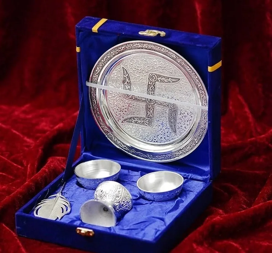 shopping German Silver 8Pcs Pooja Thali Set for Pooja/Decor Size : 6 Inches Weight : 620 Grams - Image 1