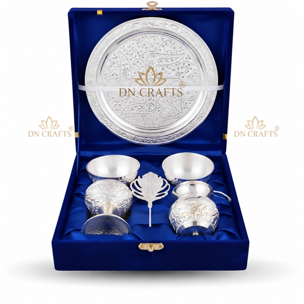 DN Crafts German Silver Pooja Thali Set with Bowls Diyas and Gift Box