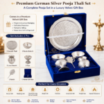 DN Crafts German Silver Pooja Thali Set | Decorative Pooja Plate with 2 Bowls, 2 Diyas, Katori & Leaf Holder | Traditional Pooja Accessories | Premium Gift Set - Image 2