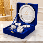 DN Crafts German Silver Pooja Thali Set | Decorative Pooja Plate with 2 Bowls, 2 Diyas, Katori & Leaf Holder | Traditional Pooja Accessories | Premium Gift Set - Image 3