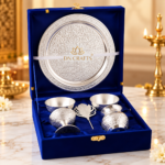 DN Crafts German Silver Pooja Thali Set | Decorative Pooja Plate with 2 Bowls, 2 Diyas, Katori & Leaf Holder | Traditional Pooja Accessories | Premium Gift Set - Image 4